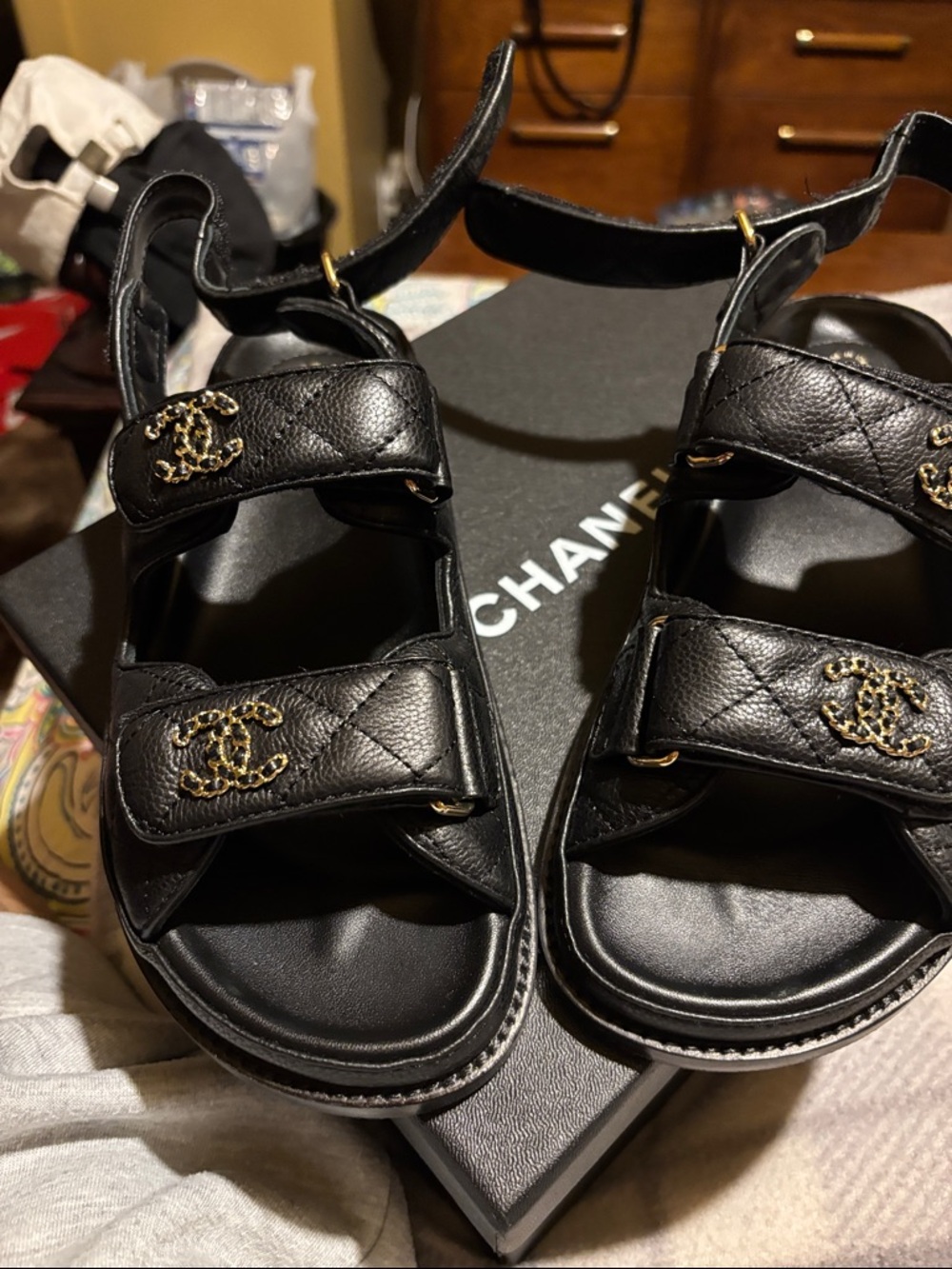 CHANEL Black Quilted Leather Sandals with Gold CC Hardware bought new wore once - Picture 3 of 4